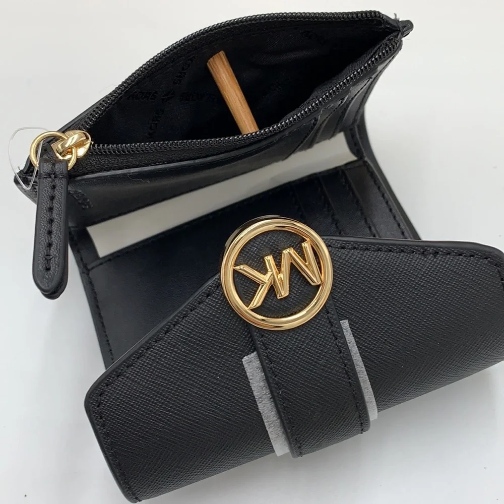 MICHAEL KORS Carmen Medium Flap Bifold Faux Fur-Leather Wallet BLACK COLOR